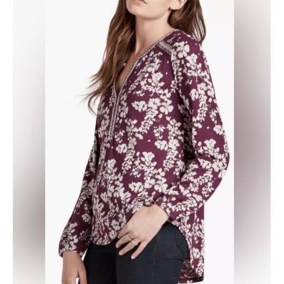 Lucky Brand Womens Top 3X Split V Neck Embroidered Floral Boho - Picture 2 of 10